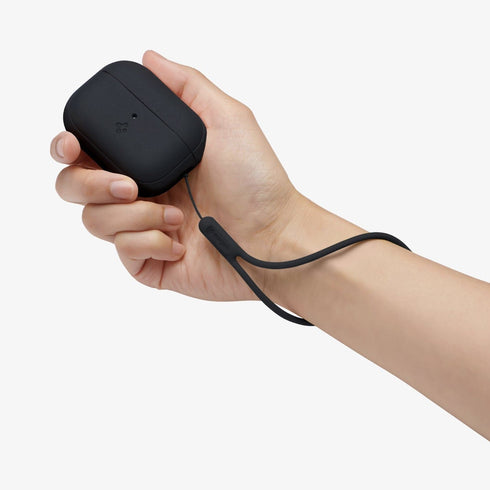 ACS05479 - Apple AirPods Pro 2 Case Silicone Fit + strap in black showing the front and side with strap